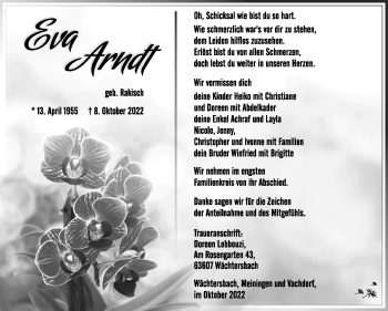 Traueranzeige von Eva Arndt von Südthüringer Presse