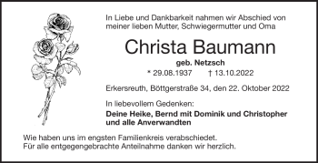 Traueranzeige von Christa Baumann von Frankenpost