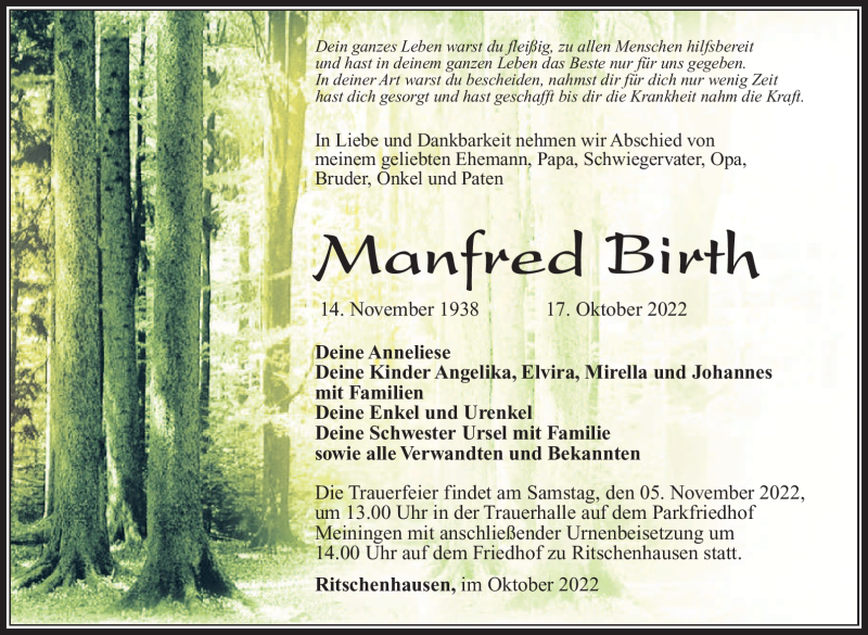  Traueranzeige für Manfred Birth vom 29.10.2022 aus Südthüringer Presse