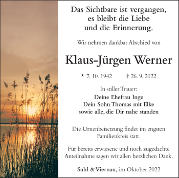 Traueranzeige von Klaus-Jürgen Werner von Südthüringer Presse