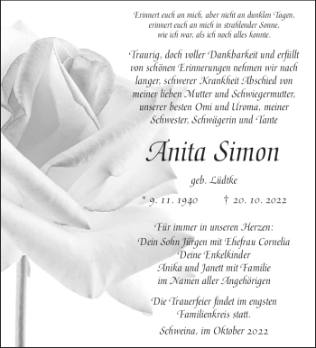 Traueranzeige von Anita Simon von Südthüringer Presse