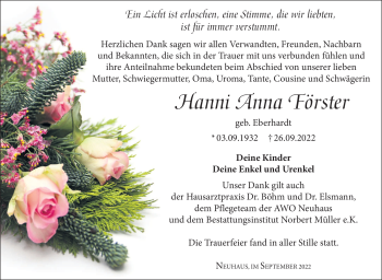 Traueranzeige von Hanni Anna Förster von Südthüringer Presse