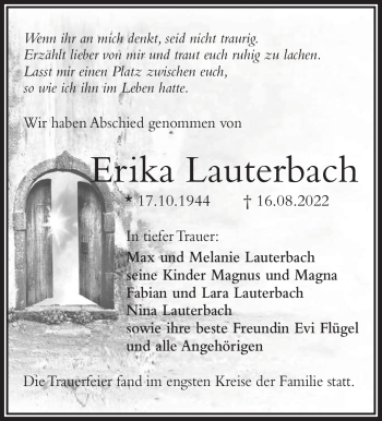 Traueranzeige von Erika Lauterbach von Frankenpost