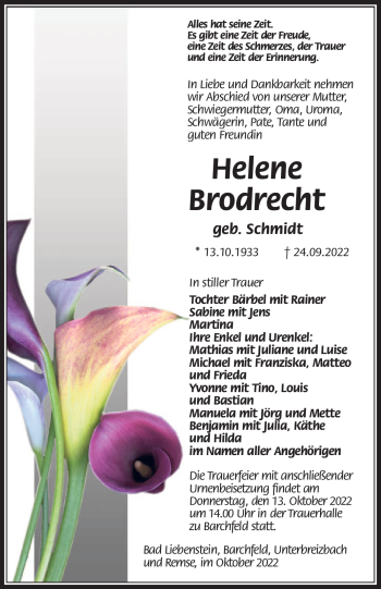 Traueranzeige von Helene Brodrecht von Südthüringer Presse