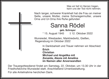 Traueranzeige von Sanna Rödel von Frankenpost