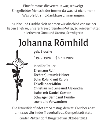 Traueranzeige von Johanna Römhild von Südthüringer Presse
