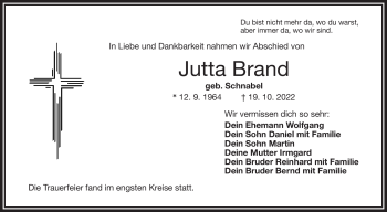 Traueranzeige von Jutta Brand von Frankenpost