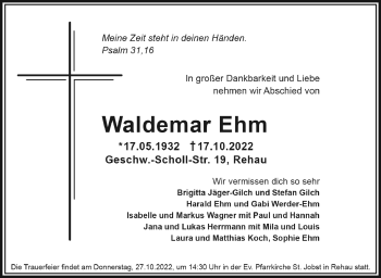 Traueranzeige von Waldemar Ehm von Frankenpost