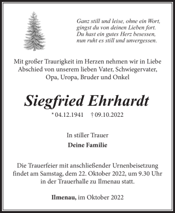Traueranzeige von Siegfried Ehrhardt von Südthüringer Presse