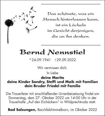 Traueranzeige von Bernd Nennstiel von Südthüringer Presse
