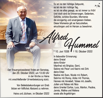 Traueranzeige von Alfred Hummel von Südthüringer Presse