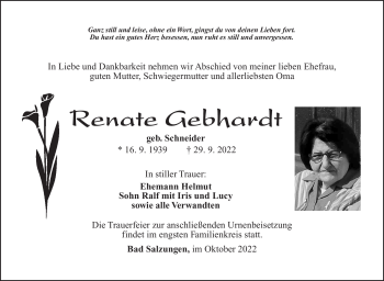 Traueranzeige von Renate Gebhardt von Südthüringer Presse
