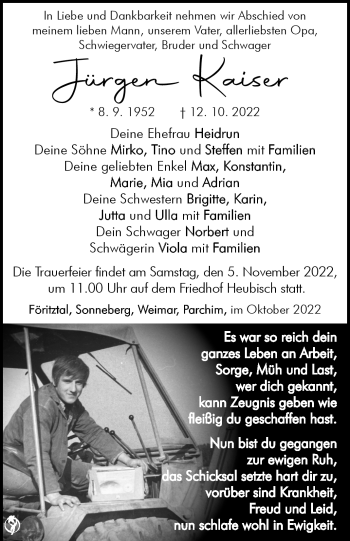 Traueranzeige von Jürgen Kaiser von Südthüringer Presse