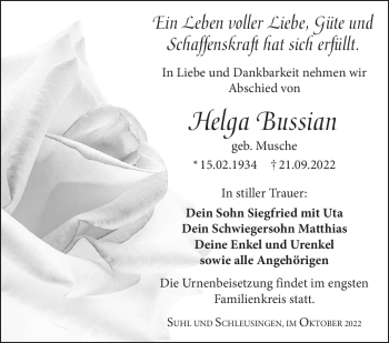 Traueranzeige von Helga Bussian von Südthüringer Presse