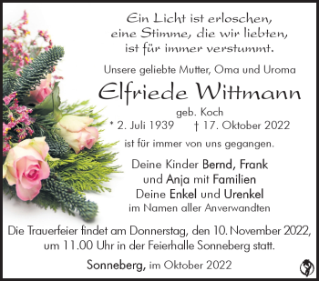 Traueranzeige von Elfriede Wittmann von Südthüringer Presse