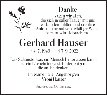 Traueranzeige von Gerhard Hauser von Südthüringer Presse