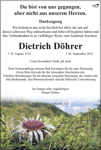 Traueranzeige von Dietrich Döhrer von Südthüringer Presse