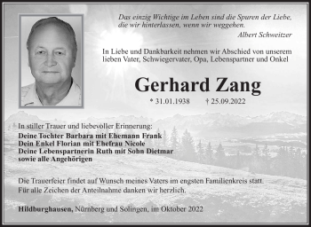Traueranzeige von Gerhard Zang von Südthüringer Presse