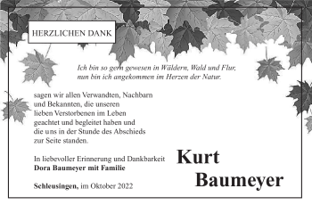 Traueranzeige von Kurt Baumeyer von Südthüringer Presse