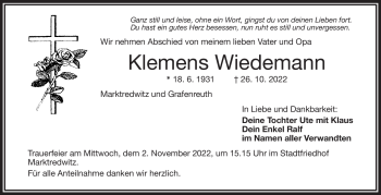 Traueranzeige von Klemens Wiedemann von Frankenpost