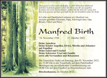 Traueranzeige von Manfred Birth von Südthüringer Presse