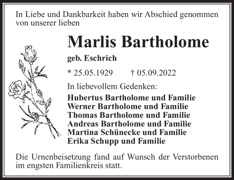  Traueranzeige für Marlis Bartholome vom 01.10.2022 aus Südthüringer Presse