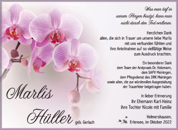 Traueranzeige von Marlis Hüller von Südthüringer Presse
