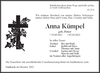 Traueranzeige von Anna Kümpel von Südthüringer Presse