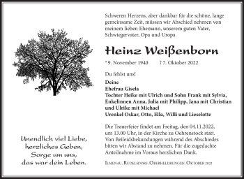 Traueranzeige von Heinz Weißenborn von Südthüringer Presse