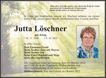 Traueranzeige von Jutta Löschner von Südthüringer Presse