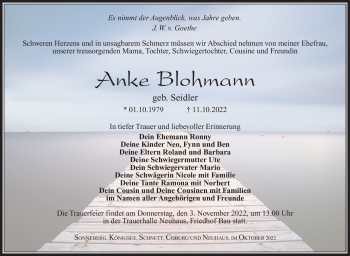 Traueranzeige von Anke Blohmann von Südthüringer Presse