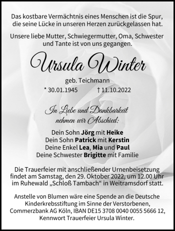 Traueranzeige von Ursula Winter von Neue Presse Coburg
