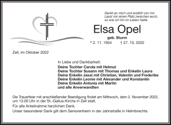Traueranzeige von Elsa Opel von Frankenpost