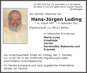Traueranzeige von Hans-Jürgen Luding von Frankenpost