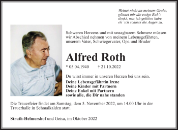 Traueranzeige von Alfred Roth von Südthüringer Presse