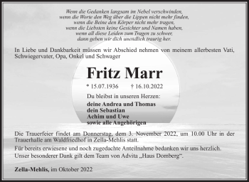 Traueranzeige von Fritz Marr von Südthüringer Presse