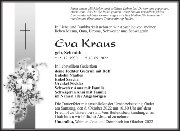 Traueranzeige von Eva Kraus von Südthüringer Presse