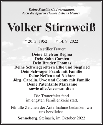 Traueranzeige von Volker Stirnweiß von Südthüringer Presse