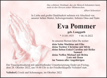 Traueranzeige von Eva Pommer von Südthüringer Presse