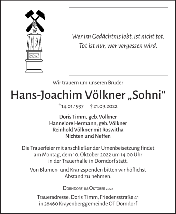 Traueranzeige von Hans-Joachim Vlkner von Südthüringer Presse