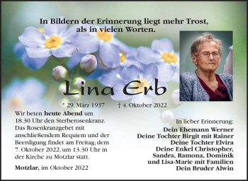 Traueranzeige von Lina Erb von Südthüringer Presse