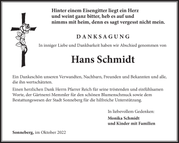 Traueranzeige von Hans Schmidt von Südthüringer Presse