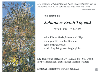 Traueranzeige von Johannes Tügend von Südthüringer Presse