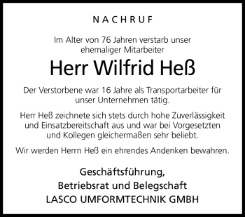 Traueranzeige von Wilfried Heß von Neue Presse Coburg