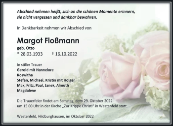Traueranzeige von Margot Floßmann von Südthüringer Presse