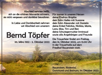 Traueranzeige von Bernd Töpfer von Südthüringer Presse