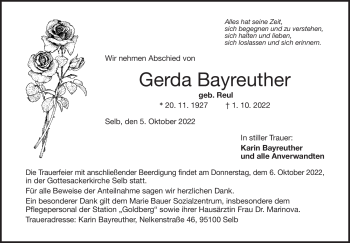 Traueranzeige von Gerda Bayreuther von Frankenpost