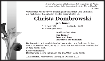 Traueranzeige von Christa Dombrowski von Südthüringer Presse
