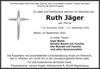 Traueranzeige von Ruth Jäger von Frankenpost