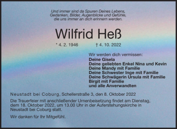 Traueranzeige von Wilfrid Heß von Neue Presse Coburg